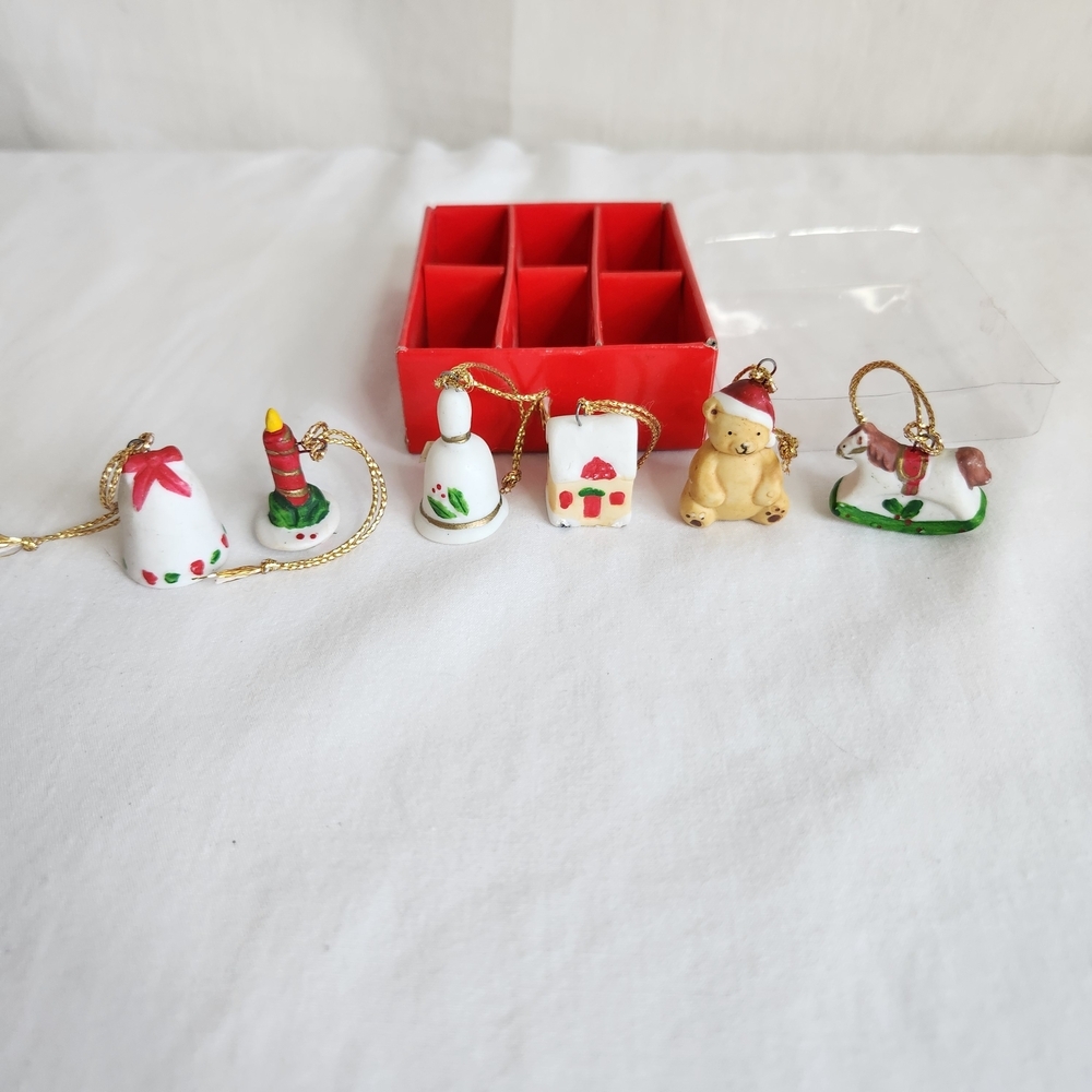 Christmas Miniature Porcelin Ornaments Set 6. About 1" Each. Tradition